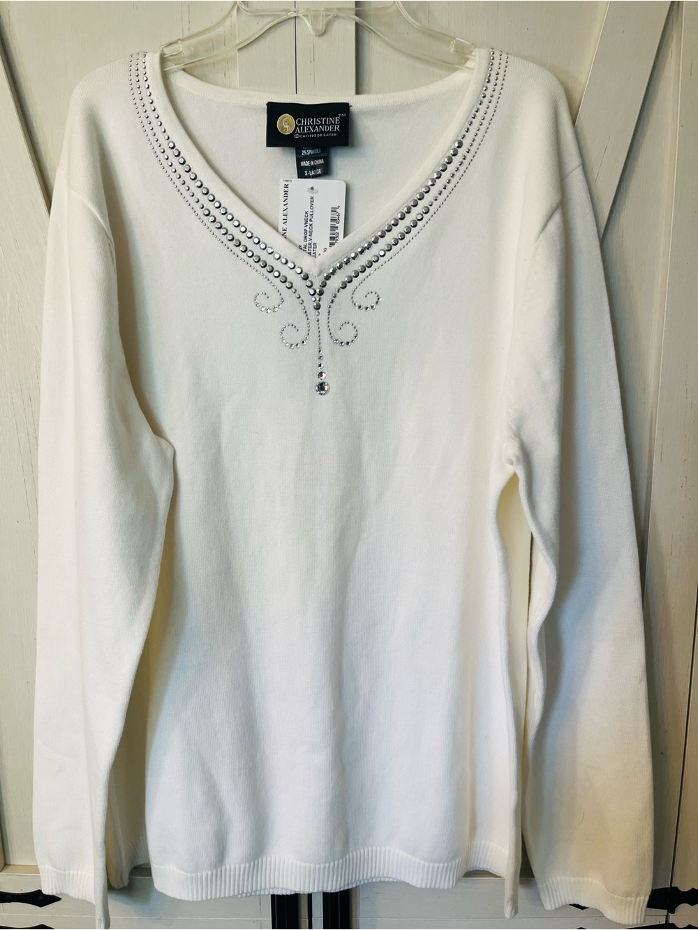 Christine Alexander Women's White Embellished V-Neck Sweater XL